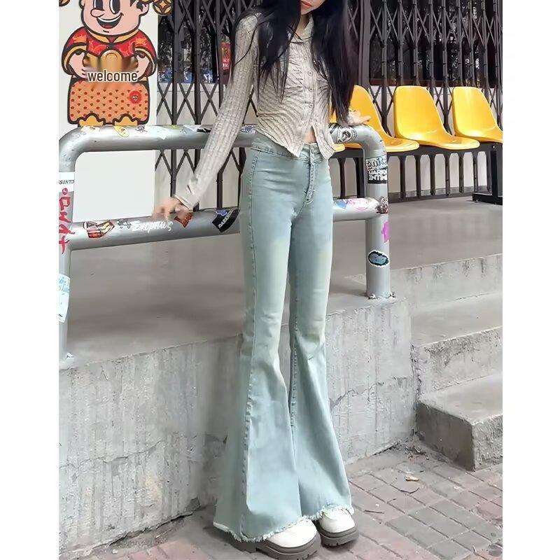

Spring Retro High Waist Flare Jeans for Women - Slimming Wide Leg Fishtail Pants S светло-синий