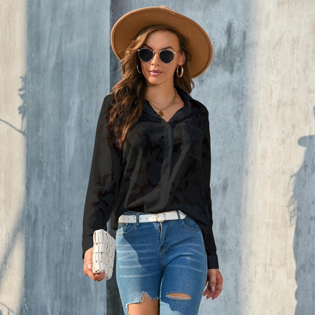 Luxurious Jacquard Sheer Blouse - Stylish Button-down with Elegant Long Sleeves - Perfect for Spring and Fall Closets!