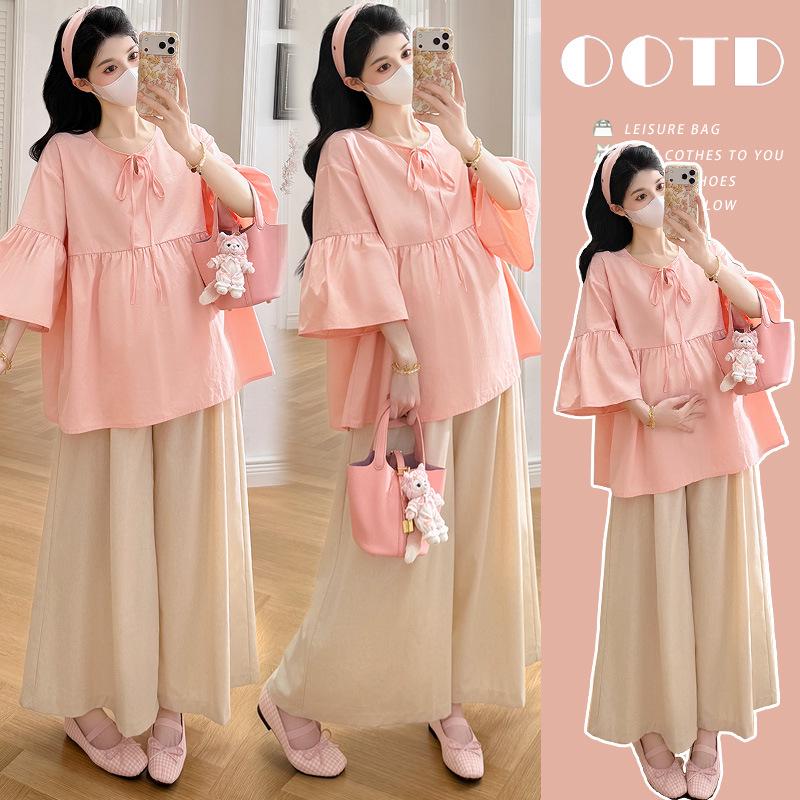 2026 Summer Korean Style Maternity Loose Top & Wide-Leg Cotton-Linen Pants Set L