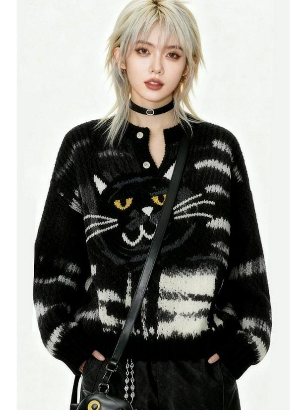 

В язаний кардиган з ретро-котом: Стиль Осінь/Зима 2026 для чоловіків та жінок - Вільний, Розслаблений трикотаж Large чорний