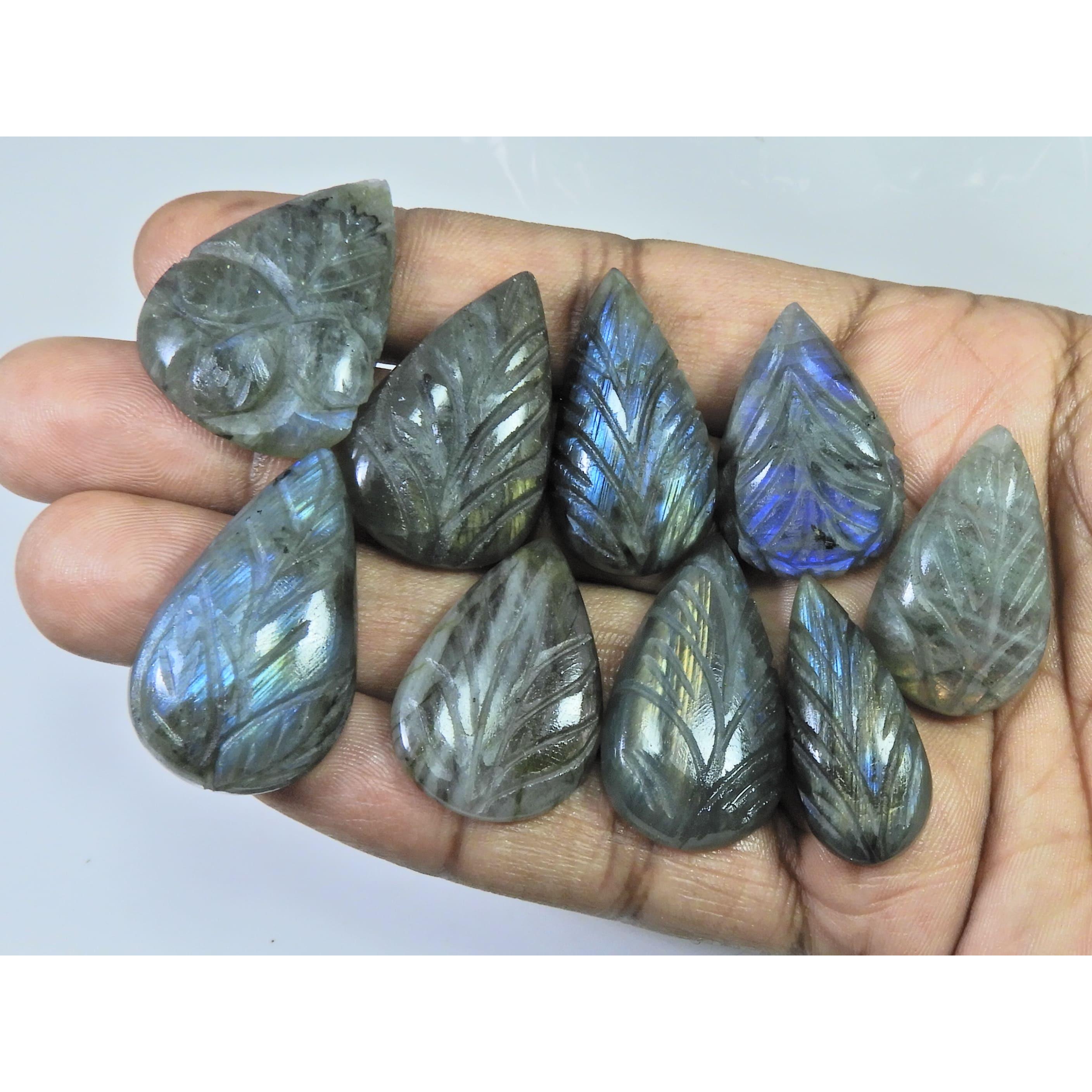 300Cts. Natural Labradorite Carving Pear Cabochon Loose Gemstone 09Pcs Lot LL-1127