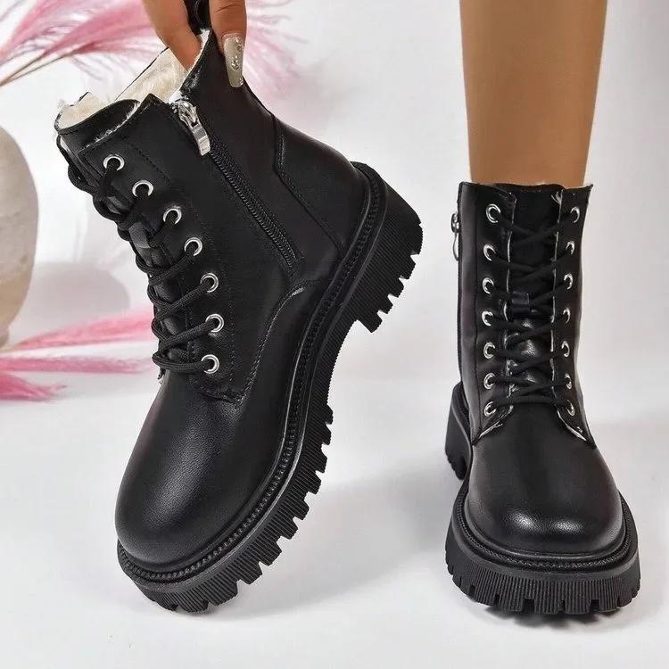 Thick Warm Long Plush Ankle Boots for Women Winter Lace Up Pu Leather Motorcycle Boots Woman Plus Size Short Booties Shoes