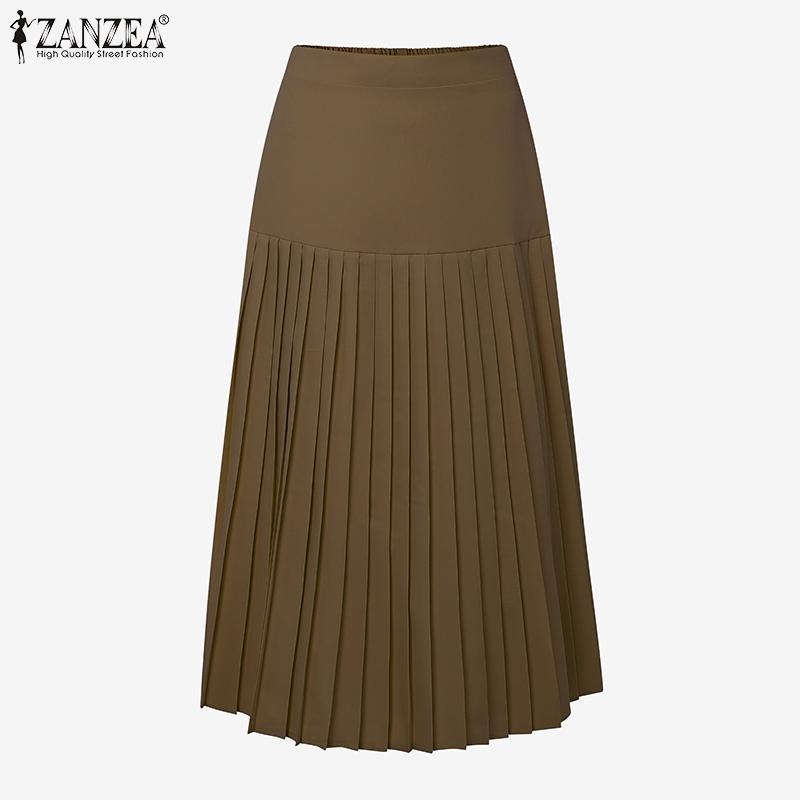 ZANZEA Women Casual Elastic Waist Solid Color Pleated Midi Skirts