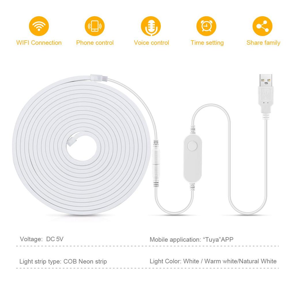 Tuya WIFI Smart 5V Dimmable COB LED Strip Light Waterproof USB LED Neon Light Silicon Tube