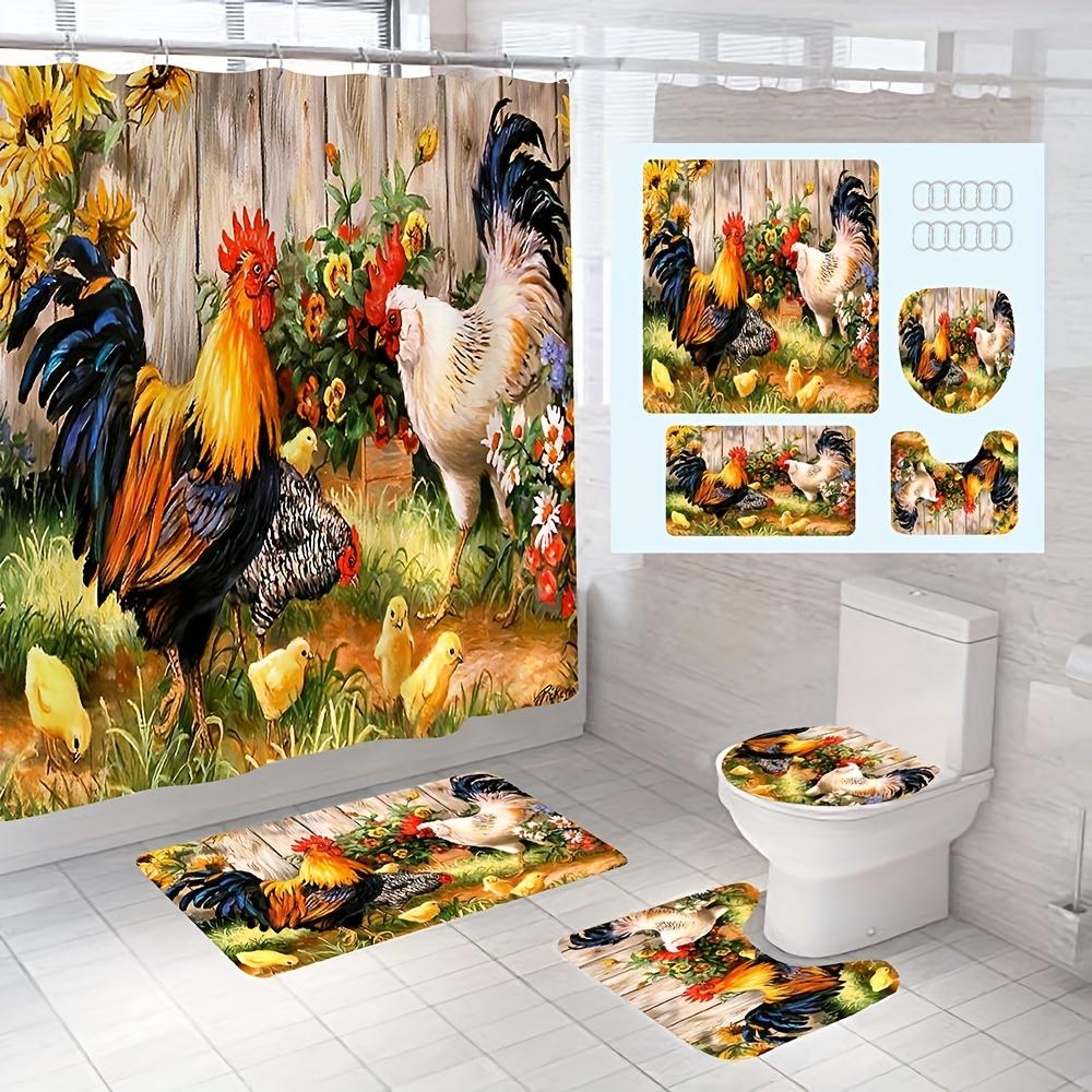 

4 шт. Набор занавесок для душа Rooster Art с нескользящим ковриком и аксессуарами для туалета-водонепроницаемый декор для ванной комнаты с 12 крючками