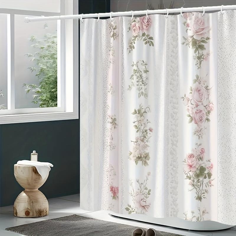 

Elegant Pink Rose Print Shower Curtain , Polyester with Hooks, Floral Bathroom Decor W90xH180cm