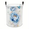 A Blue Peony with a Decorative Laundry Basket - a White Floral Storage Basket with a Sturdy Black Handle, a Collapsible Round Container for Clothes, S