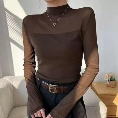 T-shirt à manches longues en dentelle et velours pour femme, col mi-haut, coupe ajustée, automne et hiver