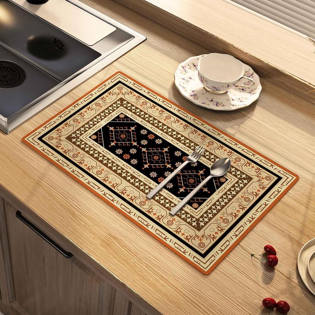 National Style Dish Drying Mat Absorbent Floral Coffee Rubber Backed Soft Silicone Bird Kitchen Draining for Bathroom Bar