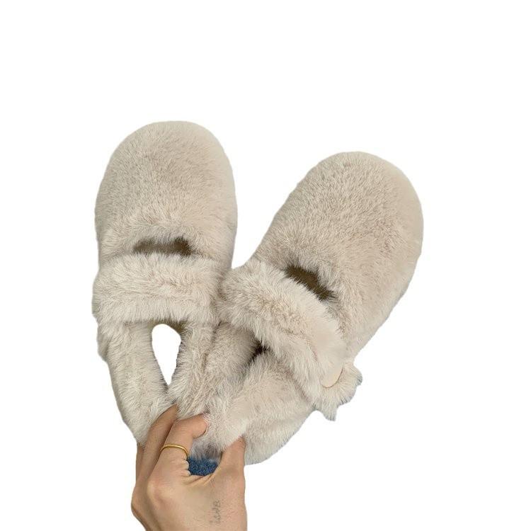 White Mary Jane Fluffy Shoes for Women's Winter Wear 2024 New Winter Velvet Soft-soled One-pedal Doudou Cotton Shoes