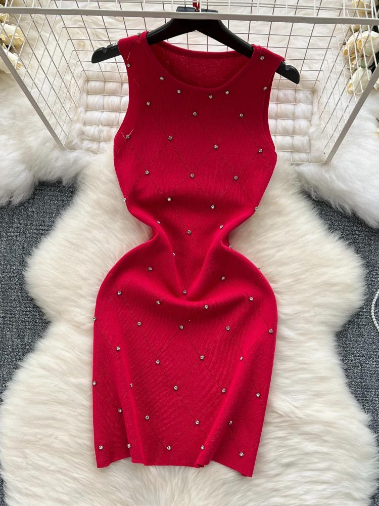 

Винтажное повседневное трикотажное платье без рукавов с круглым вырезом, женская мода, элегантное тонкое эластичное короткое платье, женский дизайн, шикарная клетчатая однотонная одежда на бретельках, женская одежда One Size красный