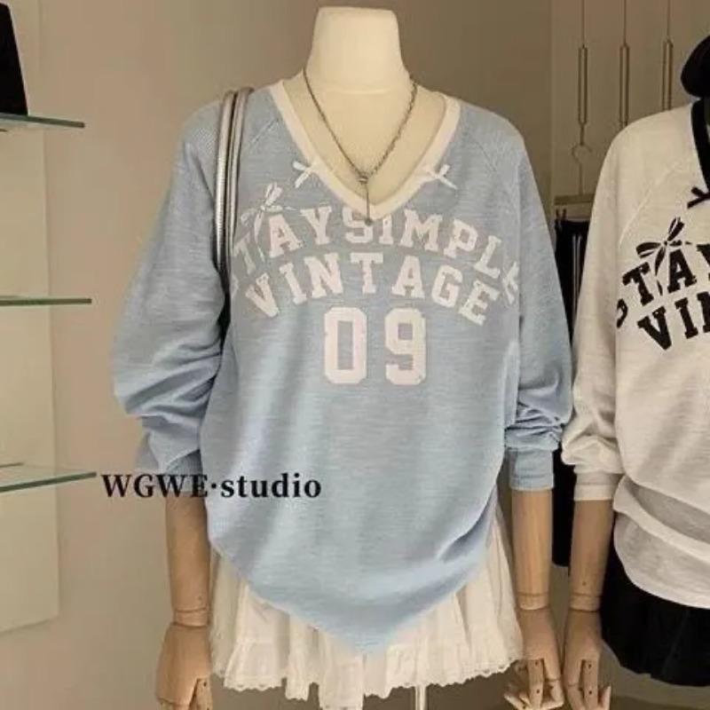

Spring and Autumn New Thin Contrast Color Printed Top Women s Bow Niche Design Long Sleeve T-Shirt Covers Flesh 4XL