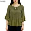 Women Casual Round Neck Solid Color 3/4 Sleeve Loose Pleated Blouse