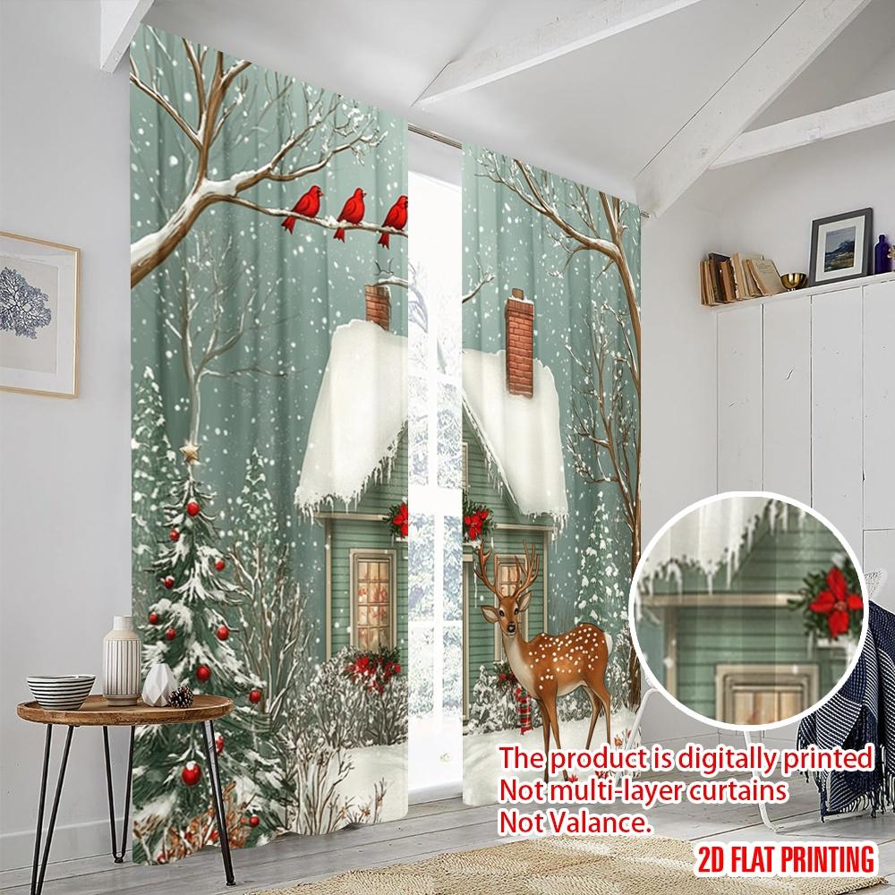 2pcs,2D Plane Printing Print Curtains Deer Cardinals Snowy House Versatile Polyester (without Rod) Art Deco Festive Use for