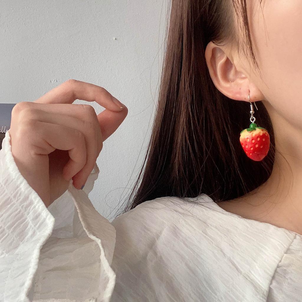 Fashion Strawberry Pendant Necklace Earring Sweet Clavicle Chain Simple Choker 3D Fruit Dangle Earring Statement Jewelry