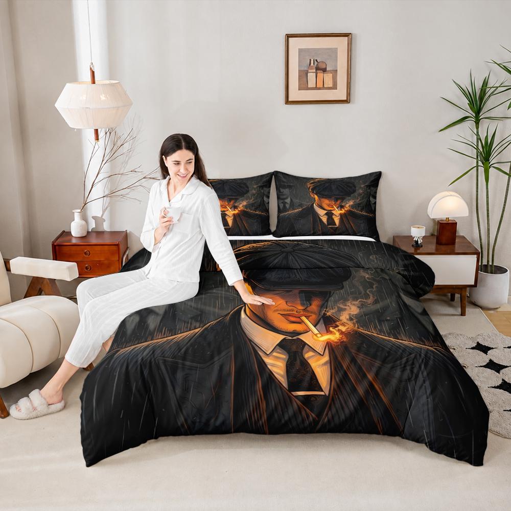 Peaky Blinders Gangster Flat Cap 3 Piece Bedding Set, Vintage Smoke Noir Duvet Cover Set for Men Boys Bedroom Decor