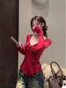 Women's Red Lace-up Bow Long-sleeve Square Neck Slim-fit Top for Autumn/Winter