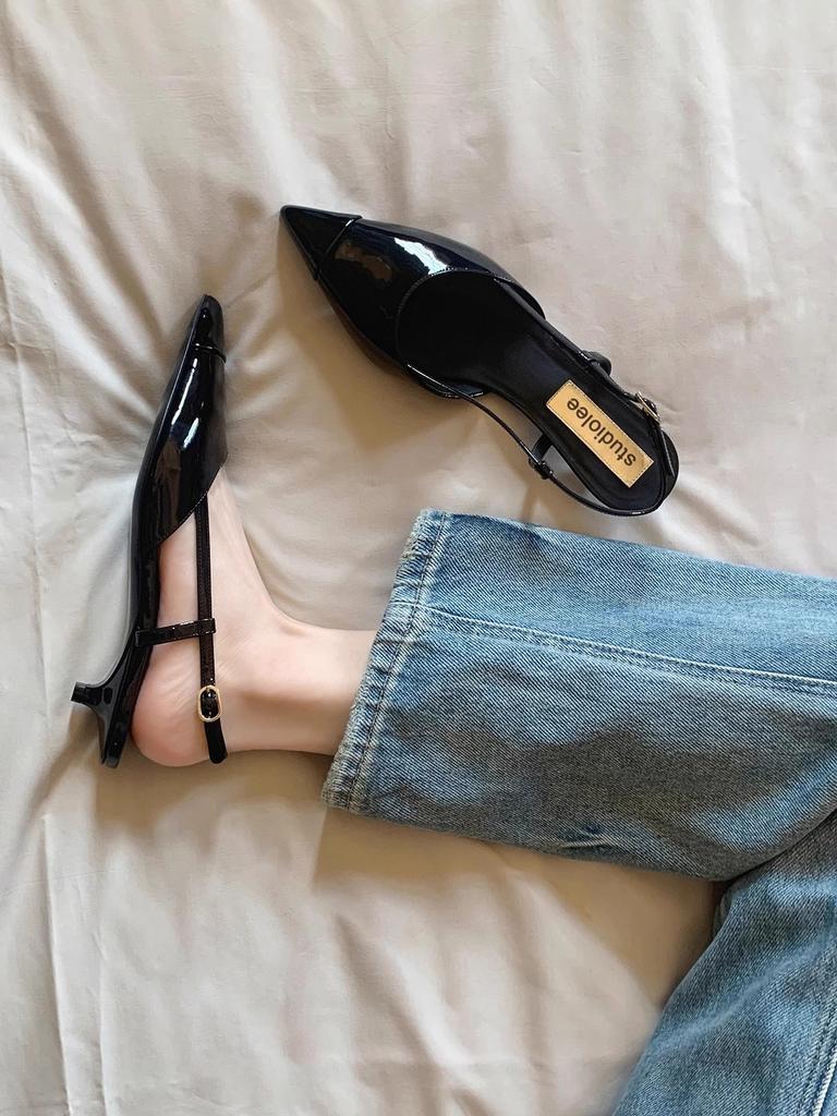 Cowhide new pointed head empty bag head short heel sandals kitten and single shoes women