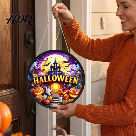 Halloween Holiday Decorations LED Glowing Hanging Decor Acrylic Window Ornament with Light Spooky Durable Signs Sign for Door Wall Haunted