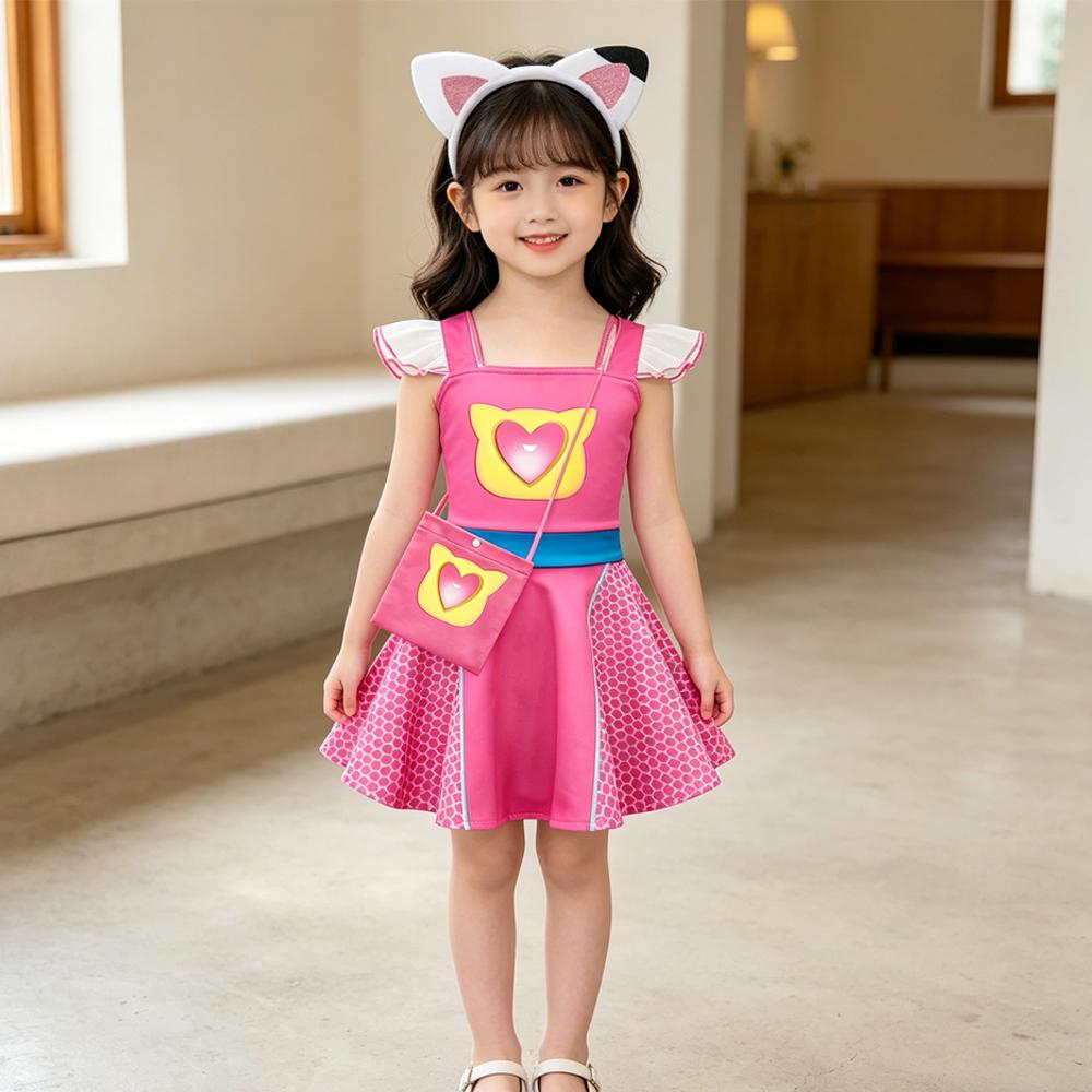 SuperKitties Sukienka Cosplay dla Dziewczynek z Torebką Opaska z Uszami Kota Kostium Dziecięcy Letni z Latającymi Rękawami Ubranka na Imprezę Prezent Urodzinowy