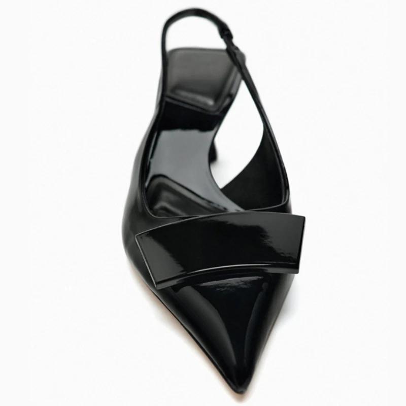 Fashion Fashion Pointed Toe Back Strap Women Sandal High Quality Patent Leather Thin Heel Slide Sandal Summer Elegant Banquet Dress Shoe