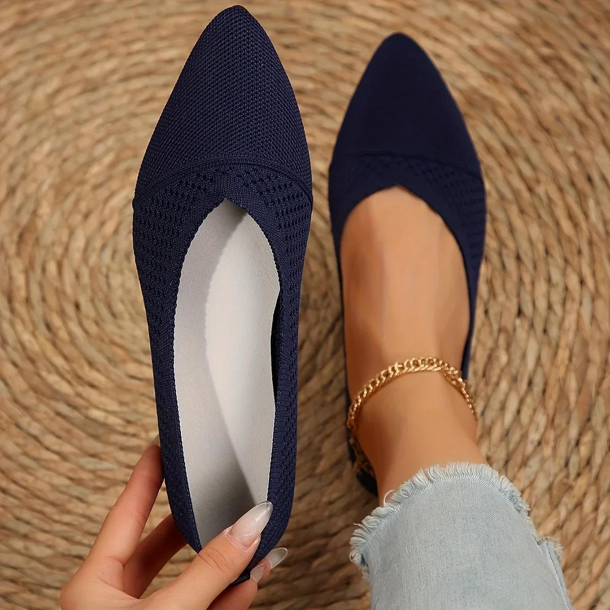 

Мода Новые Женские Балетки Острый Носок Однотонные Вязаные Слипоны Женская Обувь Повседневные Дышащие Балетки Женские Лоферы Женские 43 темно-синий