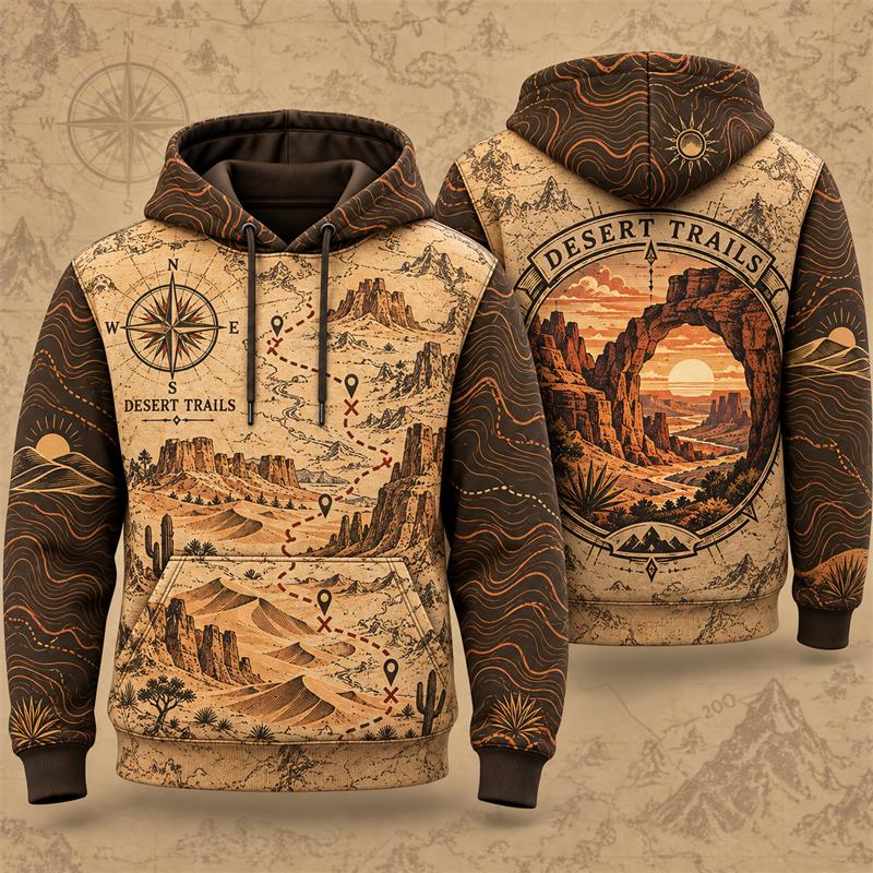 3D Print Vintage Wilderness Map Hoodie Men Retro Sweatshirt Outdoor Hiking Adventure Winter Casual Loose Unisex Daily Hoodies