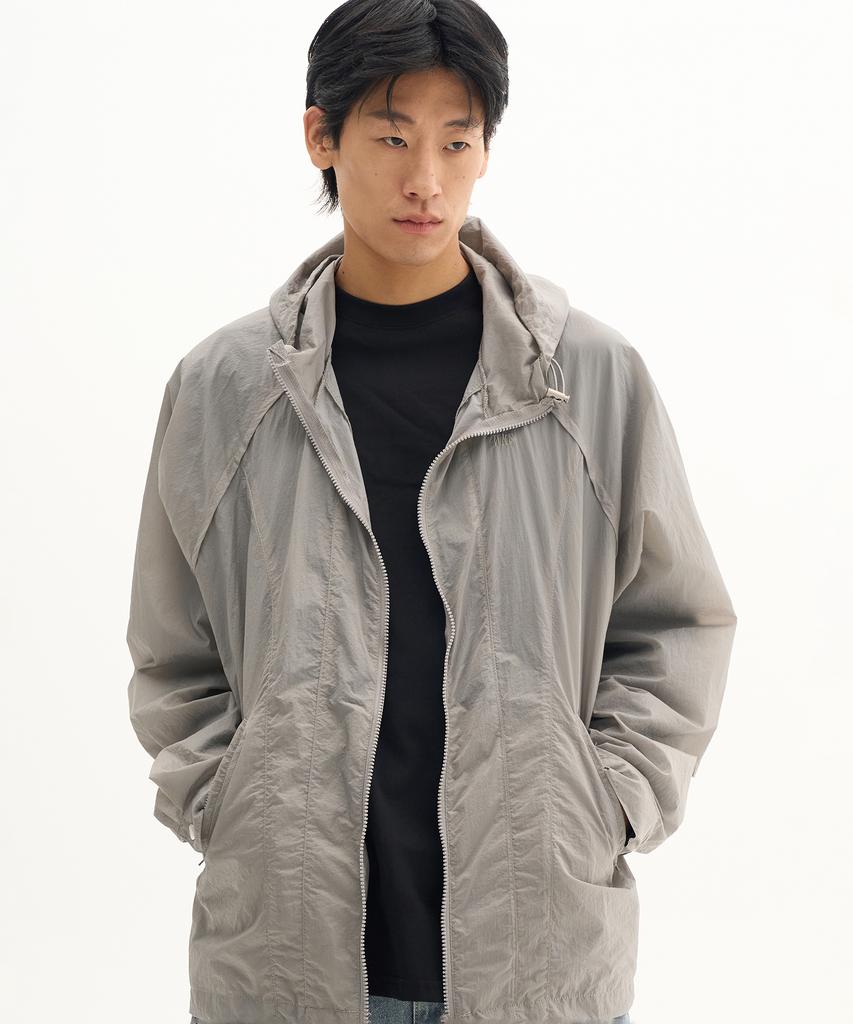 Placestudioman Athletic Cuff String Detail Windbreaker Hooded Jacket [Grey]