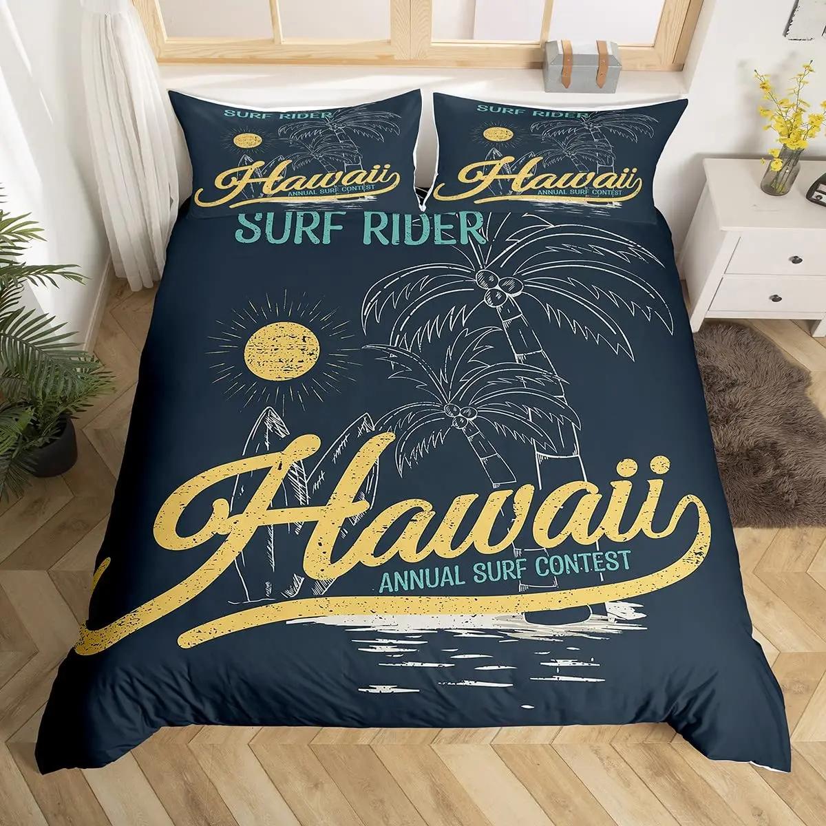 

Hawaii Vacation Beach Duvet Cover Cartoon Surfing Quilt Cover Microfiber Tropical Palm Tree Starfish Ocean Landscape Bedding Set EU Single(135x200cm)