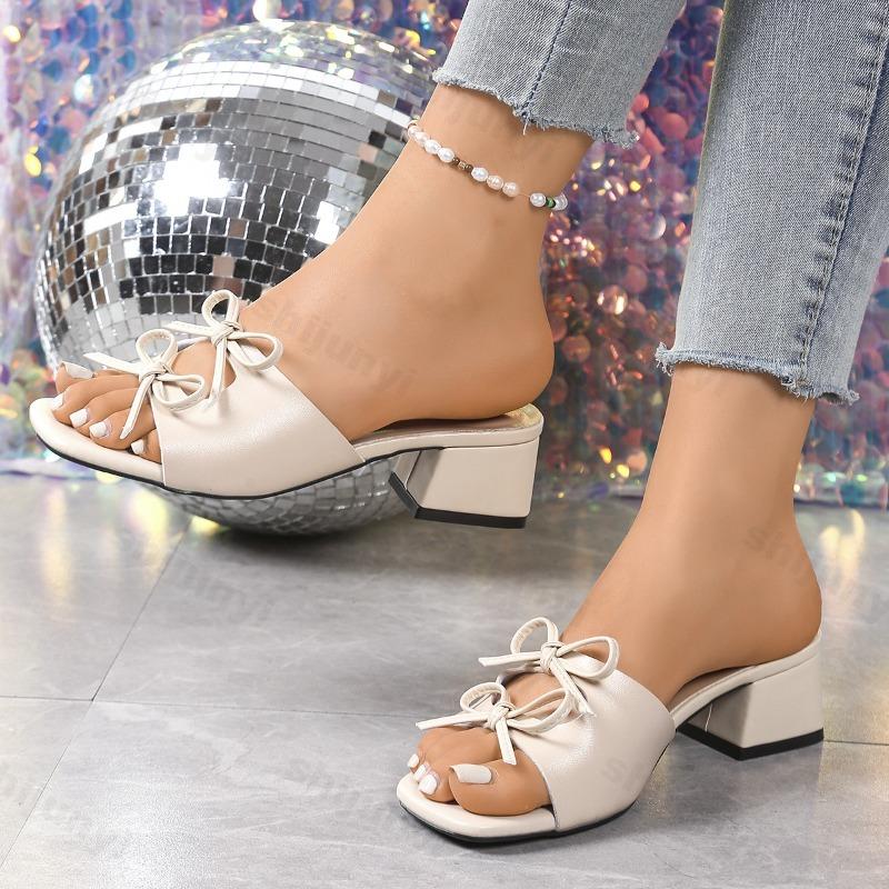 

Fashion 2025 New Summer Fashion Bow Design Square Head Casual Sandals for Women Open Toes Breathable Comfortable Elegant Beach Slippers 35