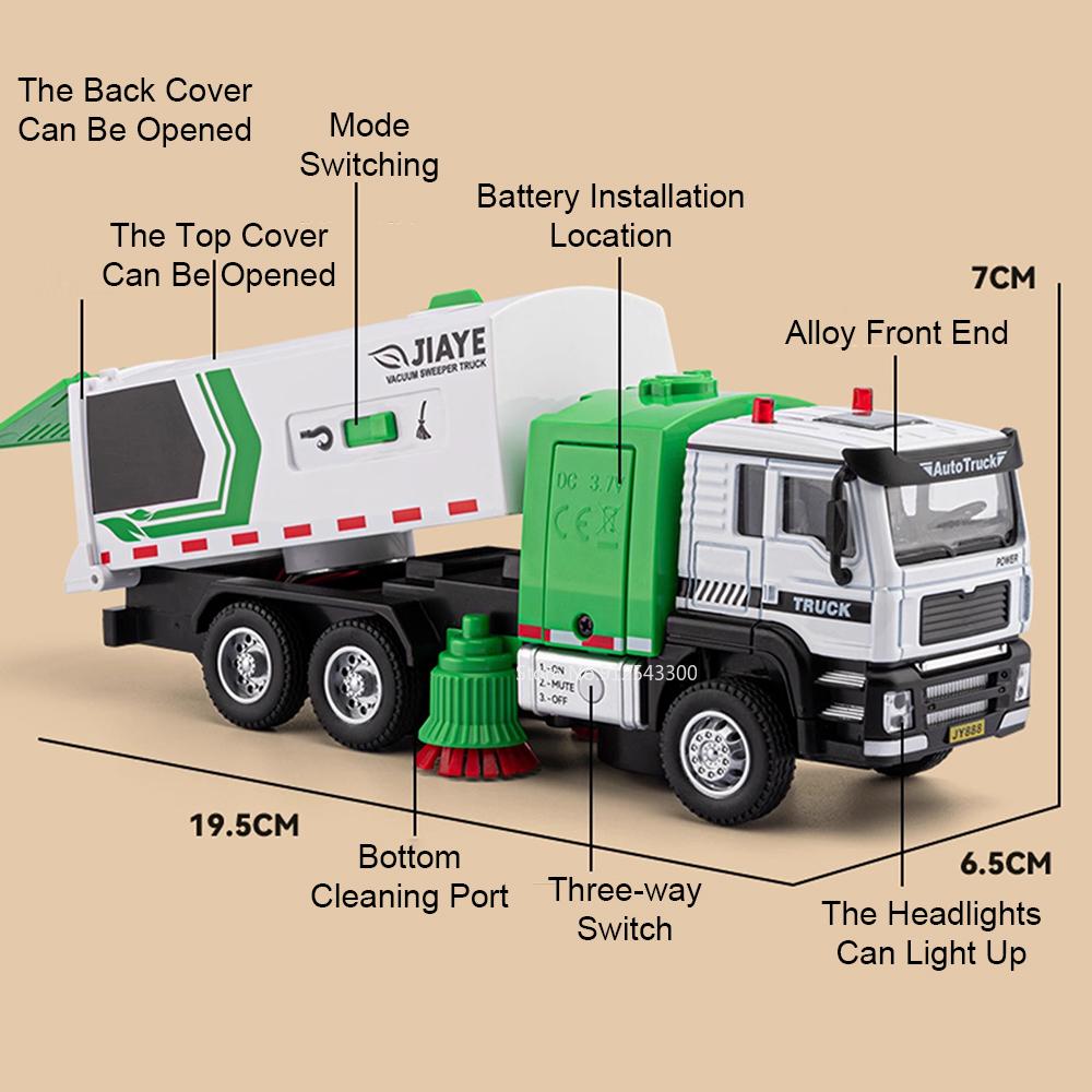 1:50 Sweeper Extended Dump Truck Model Toy Metal Diecast Sound Light Pull Back Vacuum Cleaning Vehicle Models Collection Gifts