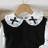 Girls Black and White Bow Print Doll Collar Long Sleeve A-Line Dress 2-Piece Set