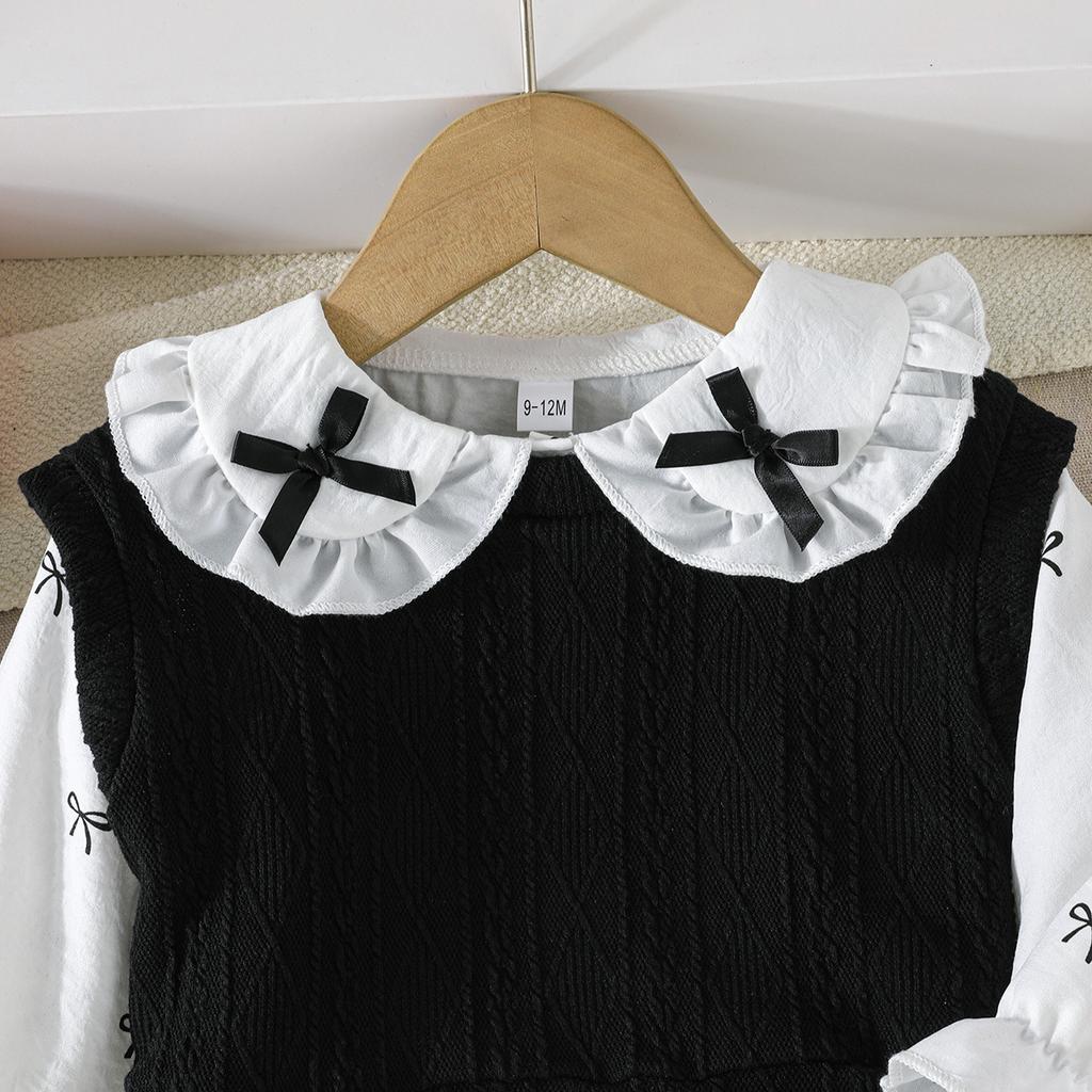 Girls Black and White Bow Print Doll Collar Long Sleeve A-Line Dress 2-Piece Set