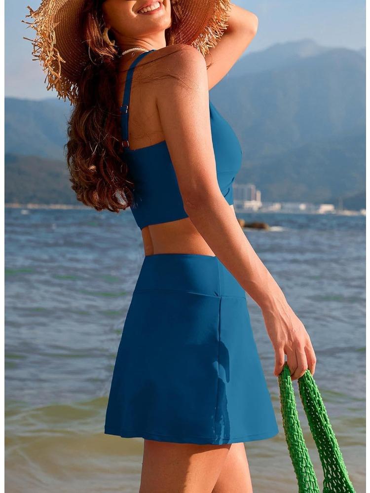 Solid Push Up High Waist Skort Sexy Two Piece Bikini Set Elegant Slimming