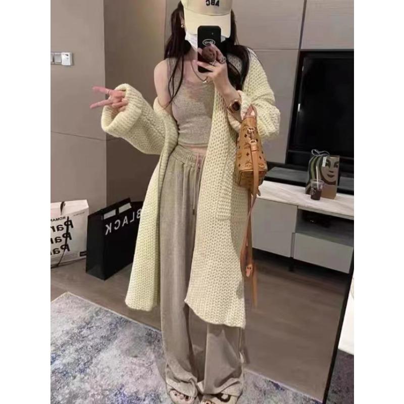 Spring and Autumn New Medium and Long Sweater Women's Coat Solid Color Knitted Cardigan Lazy Wind Thin Women's Thick Clothing