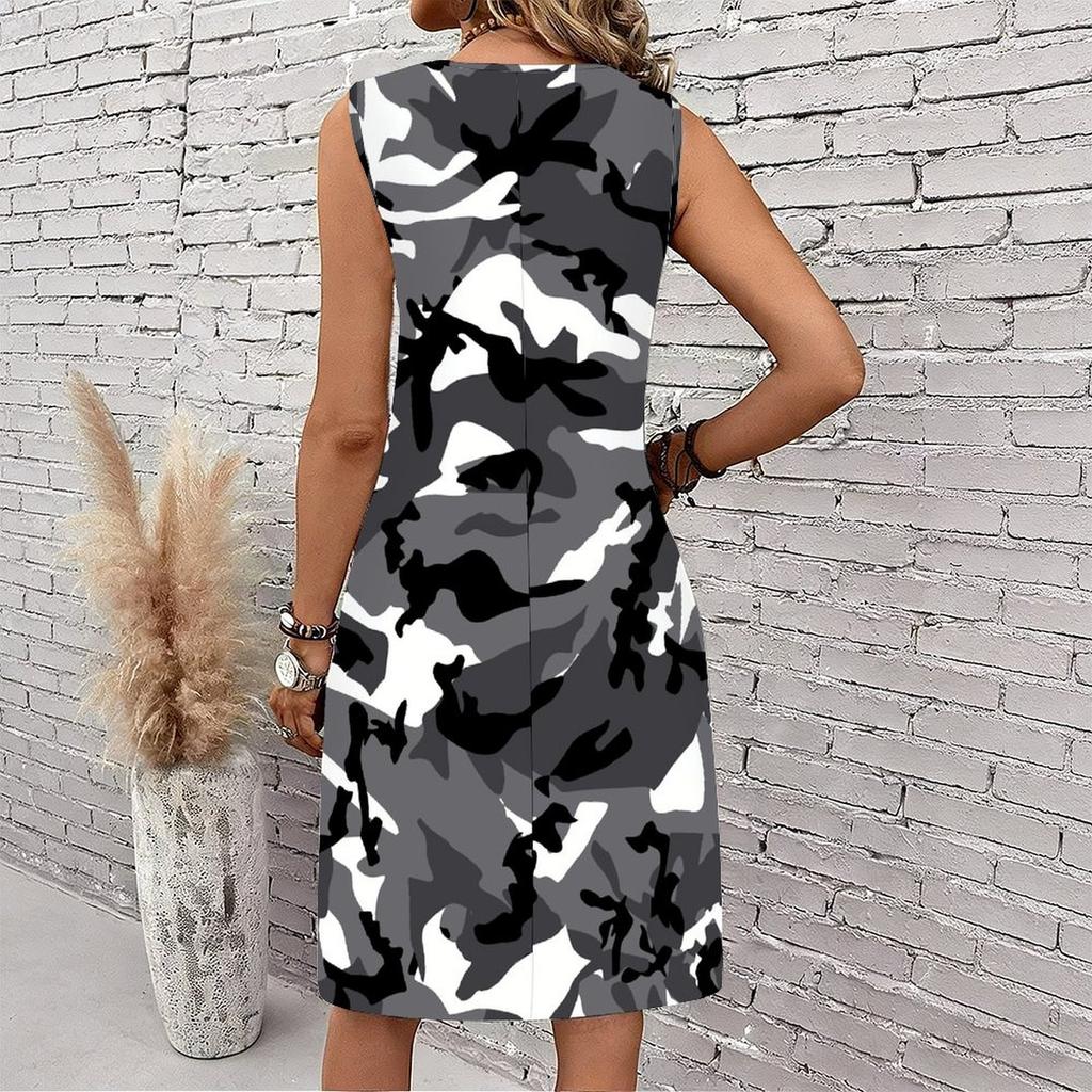 Plus Size V Neck Sleeveless Dress Verdant Mountain Valley Watercolor Print For Countryside Day Trip