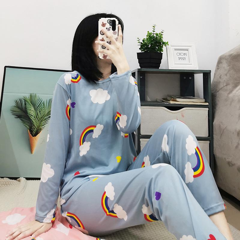 Women's Korean Style Pajama Set: Long Sleeve, Round Neck, Cute Cartoon Print, Comfortable for Spring & Autumn