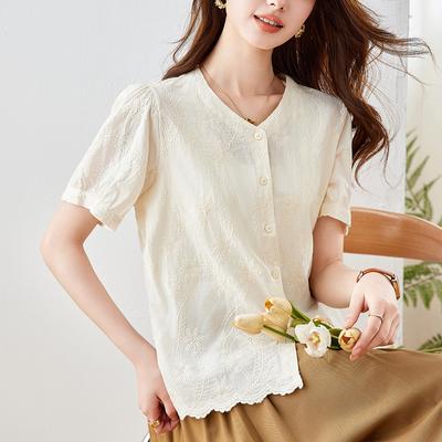Apricot V-neck Shirt for Women Short-sleeved Summer New Pure Cotton Embroidered Top Temperament Lady Shirt