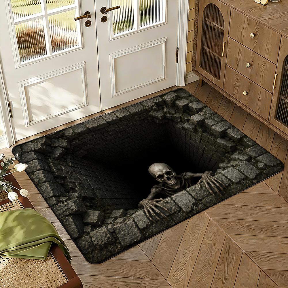 3D Optical Illusion Skull Pit Doormat Thickened Absorbent Non-Slip Floor Mat Bedroom Living Room Door Mat Flannel Rug