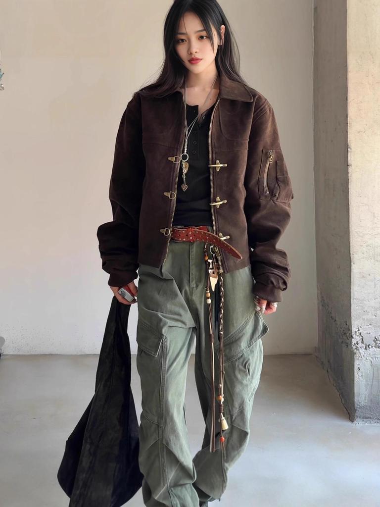 Men's Vintage Distressed Faux Suede Jacket with Airplane Buckle - Retro Autumn Style