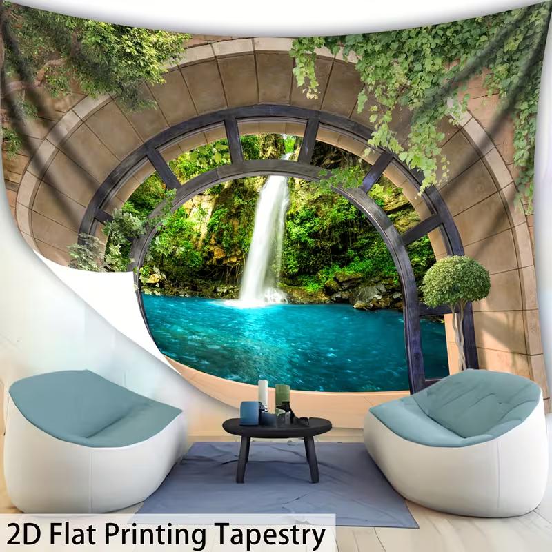 

2D Window Effect Tapestry Forest Waterfall and Turquoise Lake Wall Cloth 47.2x31.5inch/120*80cm