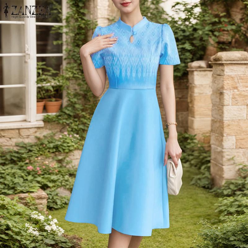 ZANZEA Women Summer Stand Neck Casual Short Sleeve Print Dress