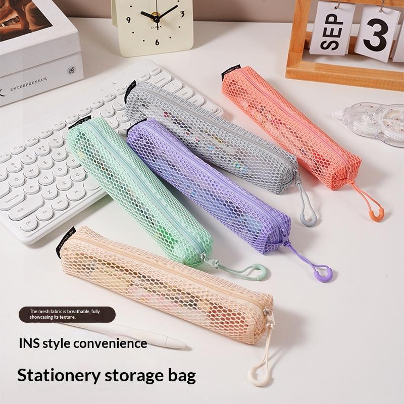 Portable Mesh Pencil Pouch Transparent Design with Smooth Zipper Hanging Hook for Business Trip Small Tools Storage