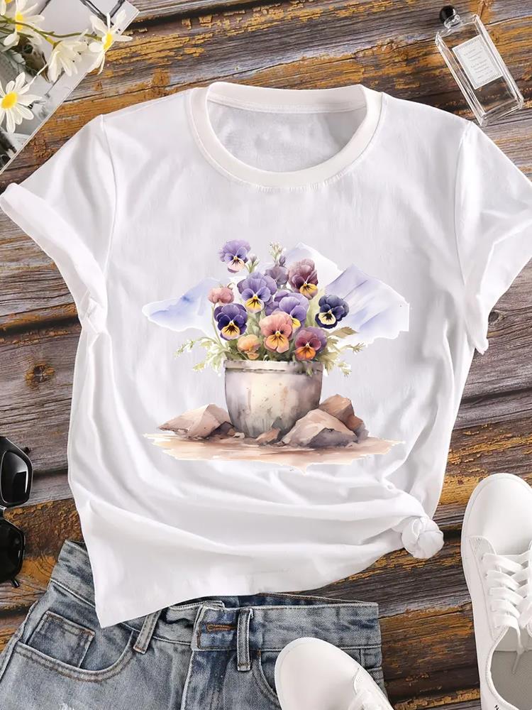 (Asian Size) Women Flower Watercolor Trend Cute 90s Short Sleeve Fashion Tee Top Clothing Print Lady Casual Tshirt Female Graphic T-shirts