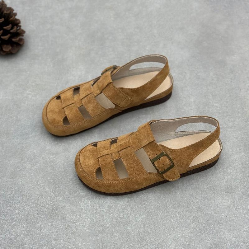 Johnature Sandalias planas de piel genuina tejida de punta redonda, retro de ante de vaca, versátiles, para mujer