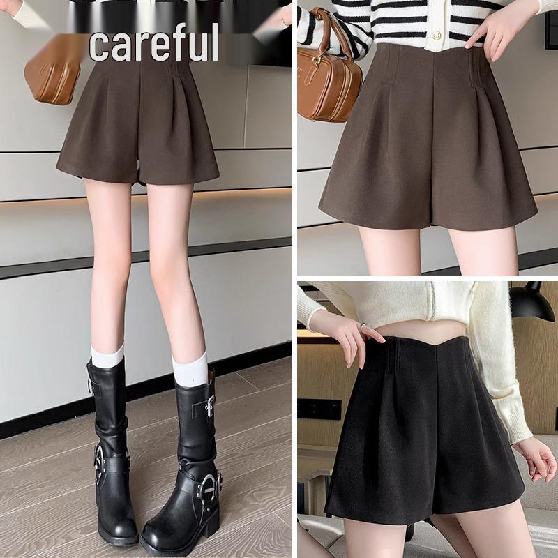 Women's High Waist Woolen Wide-Leg Shorts, Autumn/Winter 2024 Collection - Versatile Casual Wear, Available in Small to Plus Sizes.