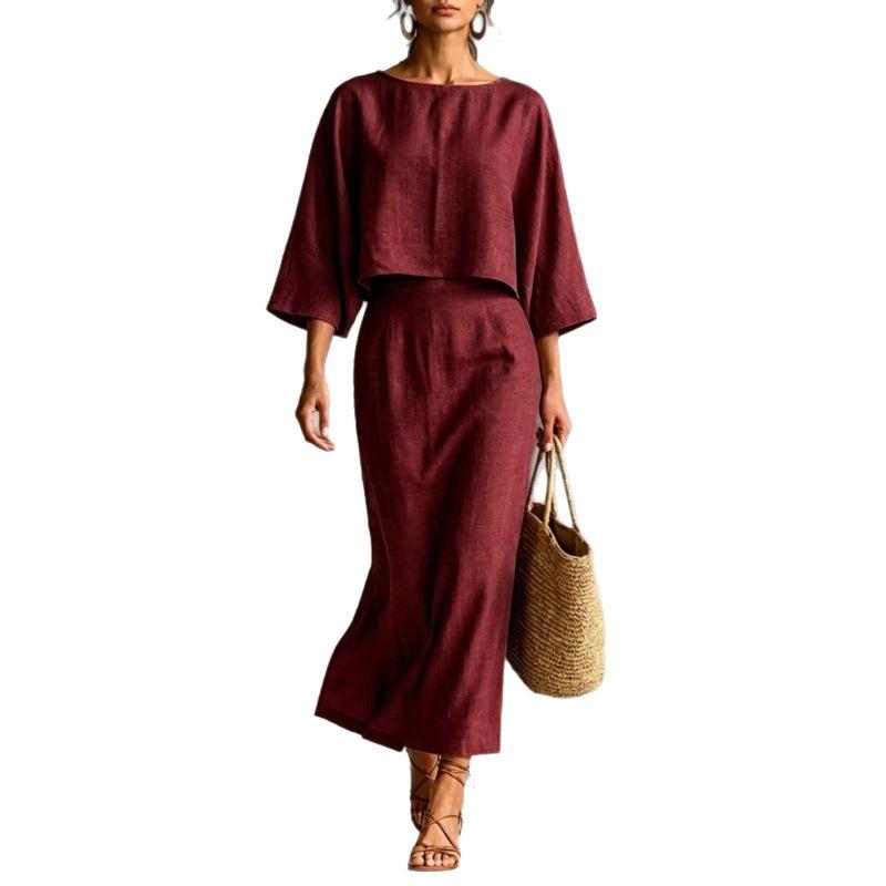 European and American Autumn New Elegant Women's High-waisted Midi Skirt Set, Round Neck Three-quarter Sleeve Loose Women's Top