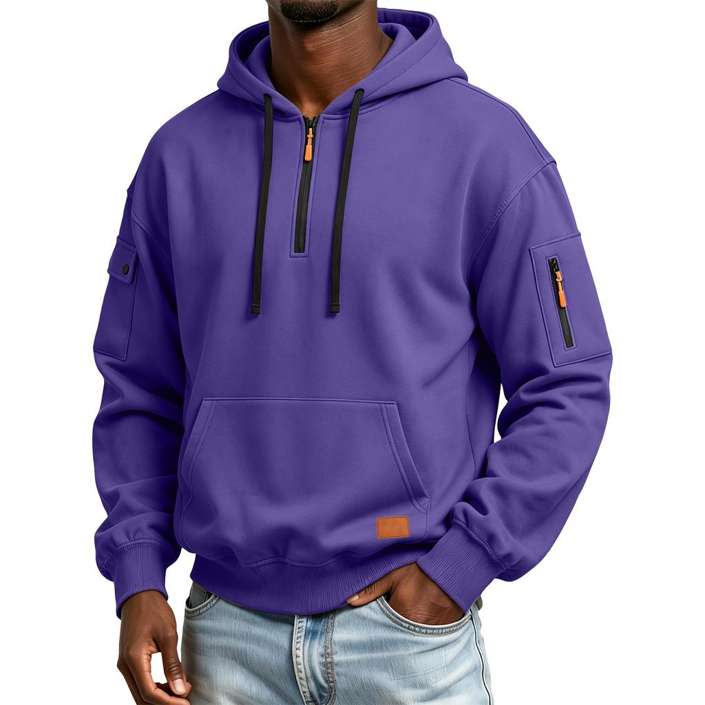 Men's Color Hooded Sweatshirt with Leather Patch and Pockets, Comfortable Casual Everyday Pullover