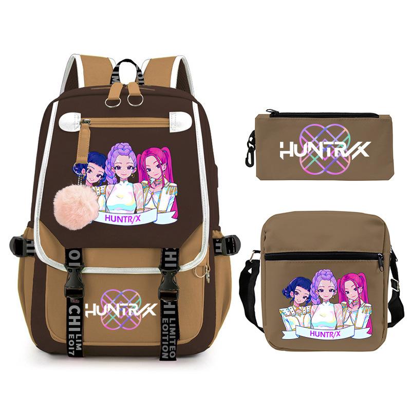 Kpop Trend Backpack Large Capacity Student School Bag Three-Piece Pencil Case Casual Shoulder Bag
