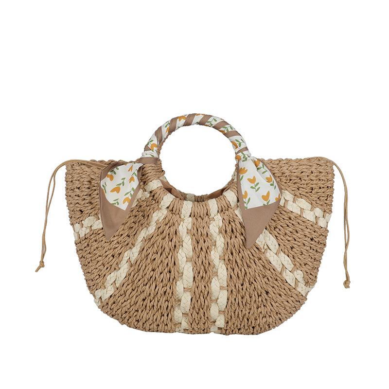 

New product spring and summer popular Mori niche contrasting color straw woven vegetable basket bag leisure vacation beach handbag хаки